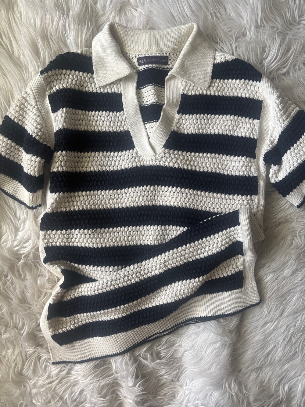 Striped Knit SS Polo Sweater
